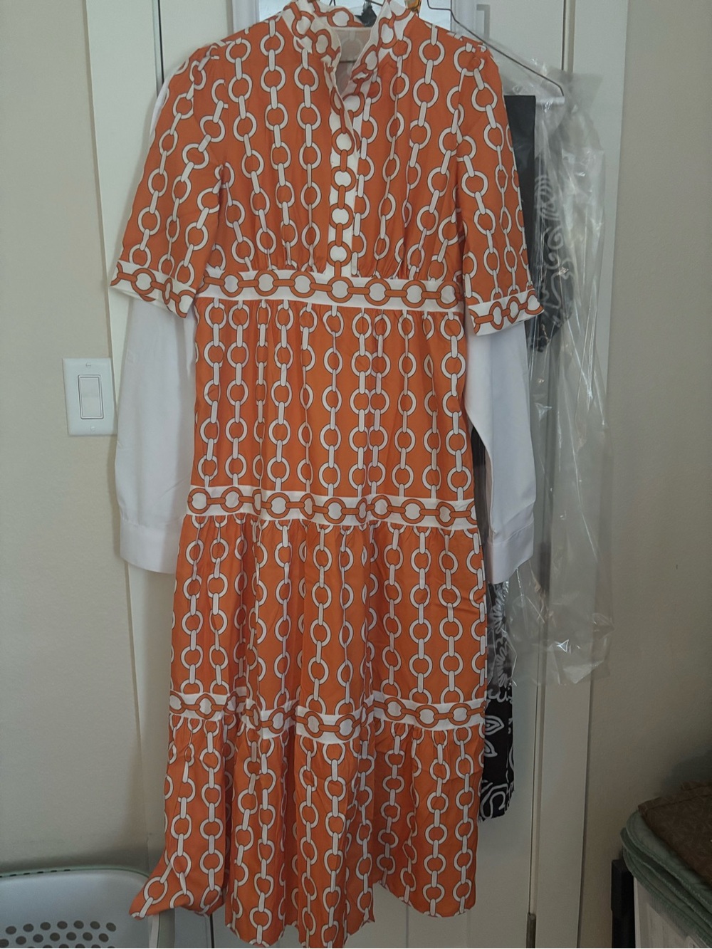 Women's Orange Chain-Print Tiered Dress